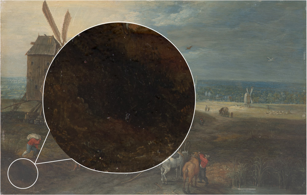 目視觀察可見米色班點與細線